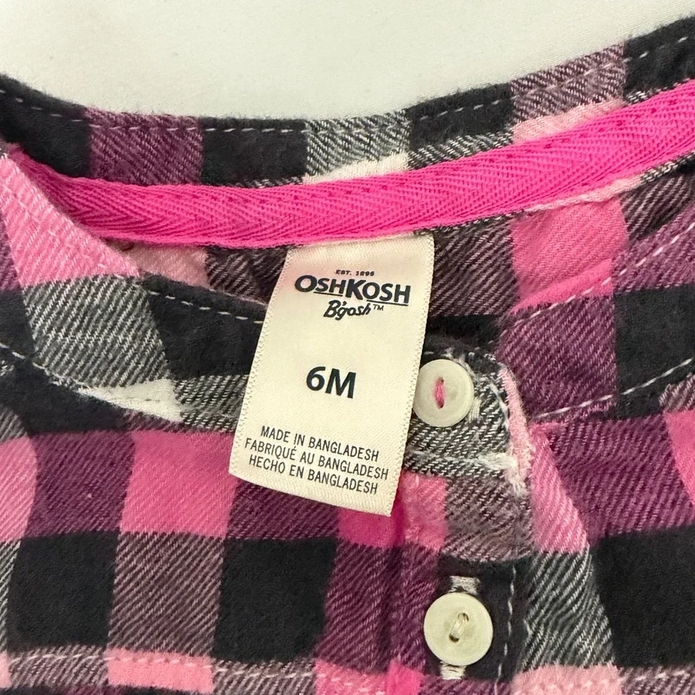 OshKosh Bgosh Baby Girl 6M Pink Black Buffalo Plaid Flannel Bodysuit Long Sleeve